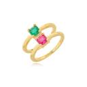 ANEL DUPLO ESMERALDA E RUBI - BANHADO A OURO