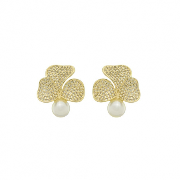 BRINCO 3 PÉTALAS CRAVEJADAS COM PÉROLA - BANHADO A OURO