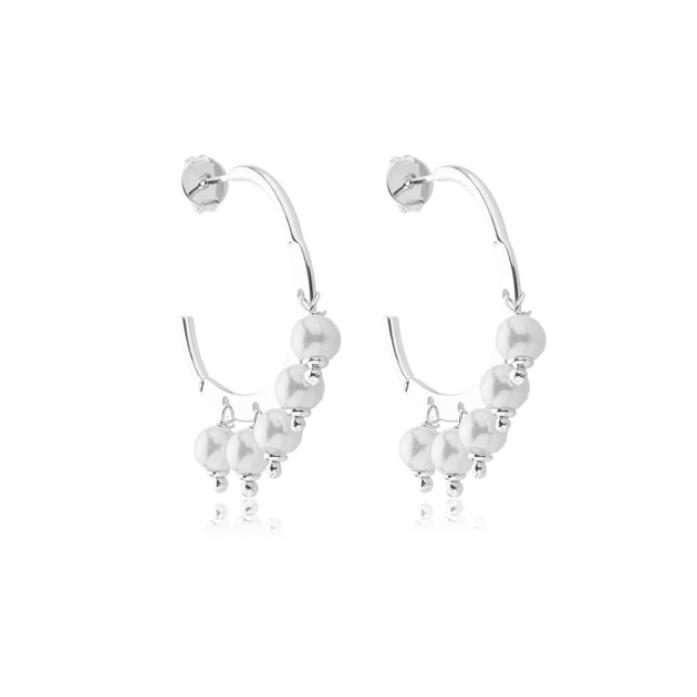 BRINCO ARGOLA COM 5 PÉROLAS - BANHADO A RODIO BRANCO