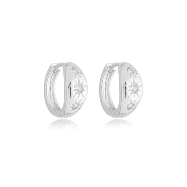 BRINCO ARGOLA TRÊS ESTRELAS CRAVEJADAS GRANDE - BANHADO A RODIO BRANCO (T-H)