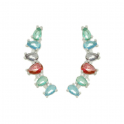 BRINCO EAR CUFF PEDRAS COLORIDAS - BANHADO A RÓDIO BRANCO