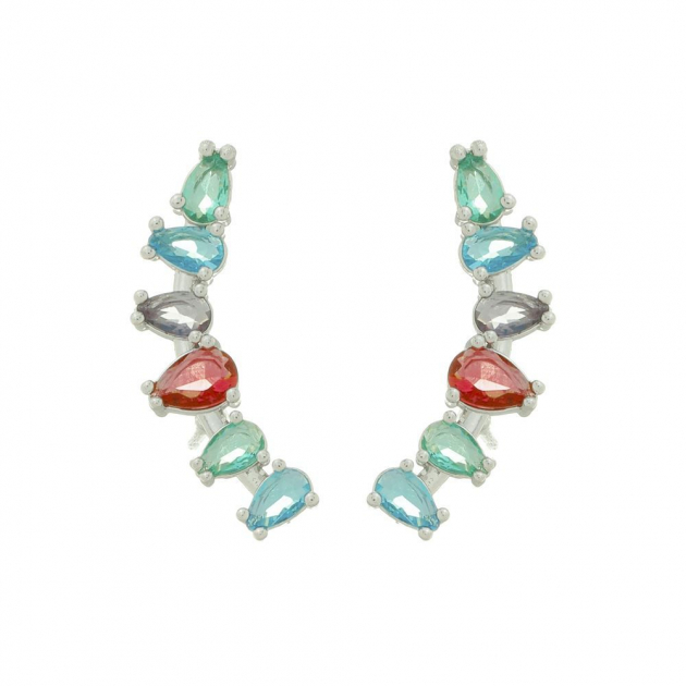 BRINCO EAR CUFF PEDRAS COLORIDAS - BANHADO A RÓDIO BRANCO