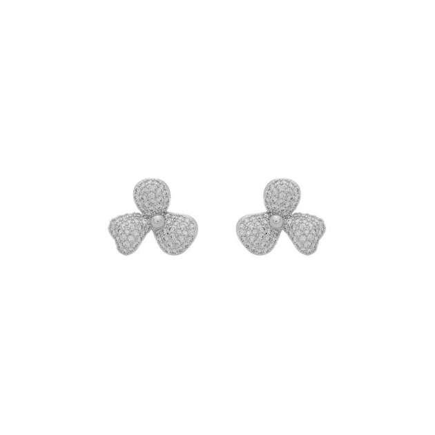 BRINCO FLOR COM PÉTALAS CRAVEJADAS - BANHADO A RODIO BRANCO