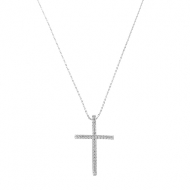 COLAR CRUCIFIXO CRAVEJADO ANA - BANHADO A RÓDIO BRANCO
