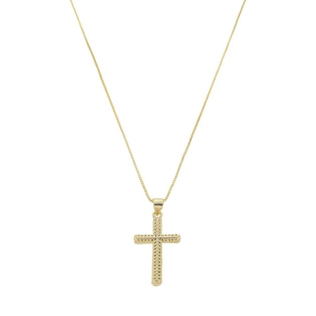 COLAR CRUCIFIXO CRAVEJADO COM BORDAS ARREDONDADAS - BANHADO A OURO