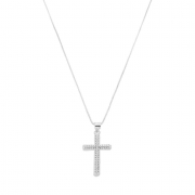 COLAR CRUCIFIXO CRAVEJADO COM BORDAS ARREDONDADAS - BANHADO A RÓDIO BRANCO