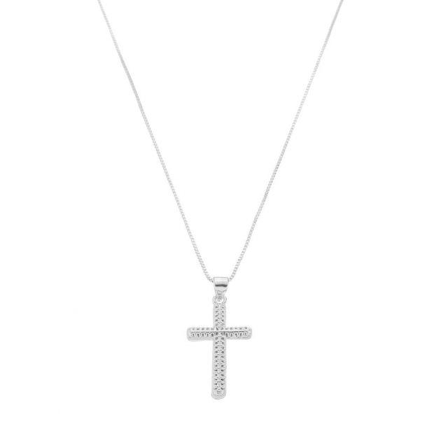 COLAR CRUCIFIXO CRAVEJADO COM BORDAS ARREDONDADAS - BANHADO A RÓDIO BRANCO