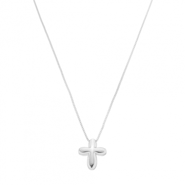 COLAR CRUCIFIXO LISO ARREDONDADO - BANHADO A RÓDIO BRANCO