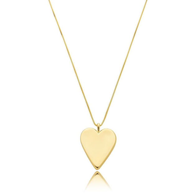 COLAR LONGO COM CORAÇÃO LISO GRANDE - BANHADO A OURO