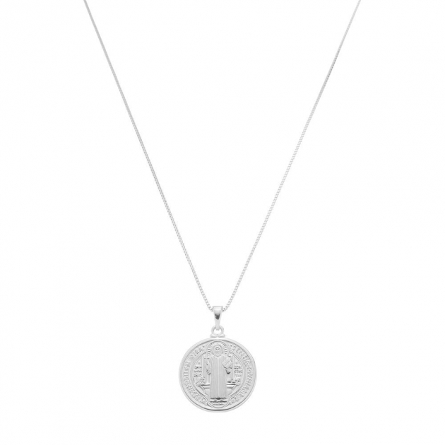 COLAR MEDALHA LISA SÃO BENTO- BANHADO A RÓDIO BRANCO