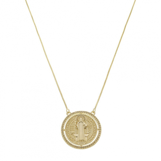 COLAR MEDALHA SÃO BENTO CRAVEJADO - BANHADO A OURO