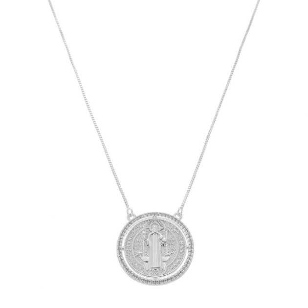 COLAR MEDALHA SÃO BENTO CRAVEJADO - BANHADO A RÓDIO BRANCO