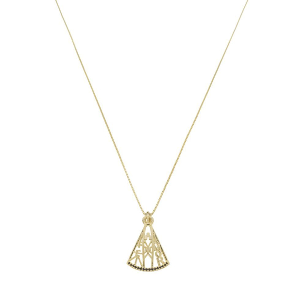 COLAR NOSSA SENHORA VAZADO COM ZIRCÔNIA AZUL - BANHADO A OURO