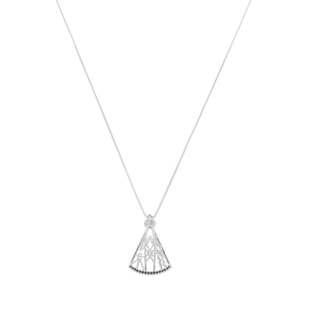 COLAR NOSSA SENHORA VAZADO COM ZIRCÔNIA AZUL - BANHADO A RÓDIO BRANCO