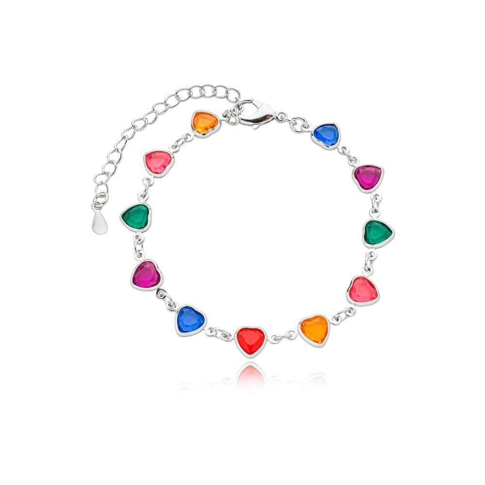 PULSEIRA CORAÇÕES COLORIDOS - BANHADO A RODIO BRANCO