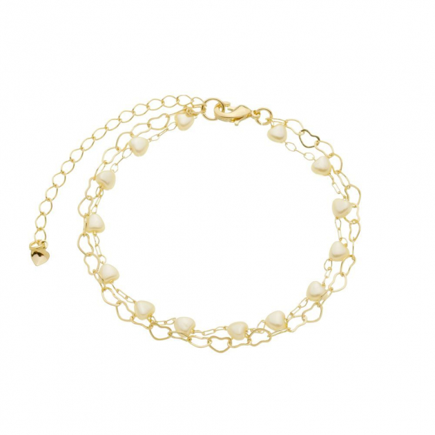 PULSEIRA DUPLA CORAÇÃO DE PÉROLA E ELOS DE CORAÇÃO - BANHADO A OURO