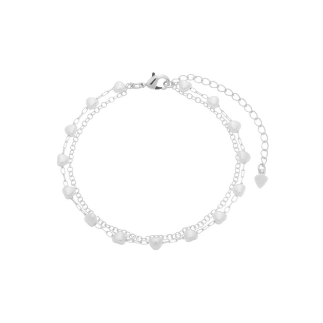 PULSEIRA DUPLA CORAÇÕES DE PÉROLA E ELOS PEQUENOS - BANHADO A RODIO BRANCO