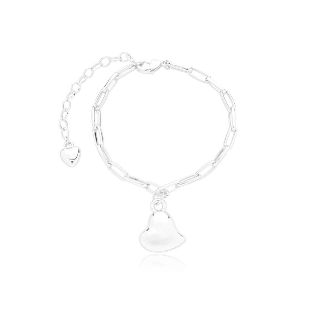 PULSEIRA ELOS COMPRIDOS COM PINGENTE DE CORAÇÃO - BANHADO A RODIO BRANCO