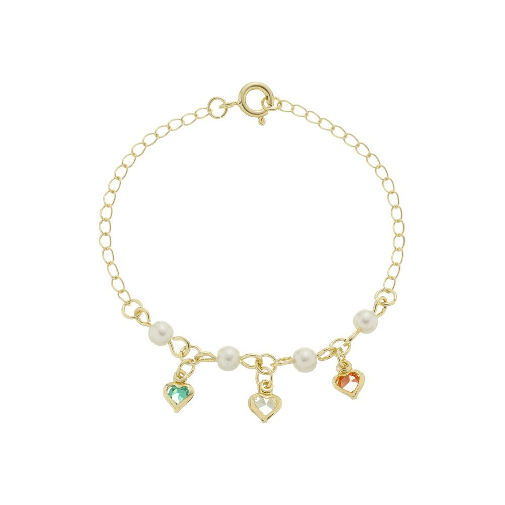 PULSEIRA INFANTIL PÉROLAS E CORAÇÕES COLORIDOS - BANHADO A OURO