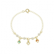 PULSEIRA INFANTIL PÉROLAS E CORAÇÕES COLORIDOS - BANHADO A OURO
