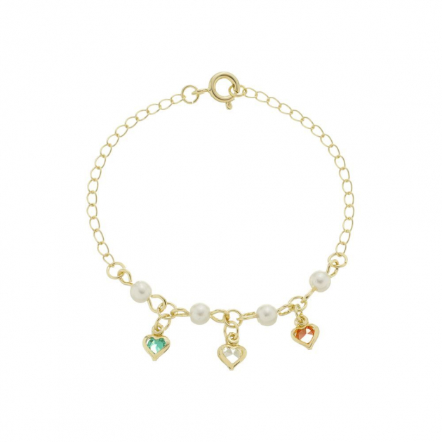 PULSEIRA INFANTIL PÉROLAS E CORAÇÕES COLORIDOS - BANHADO A OURO