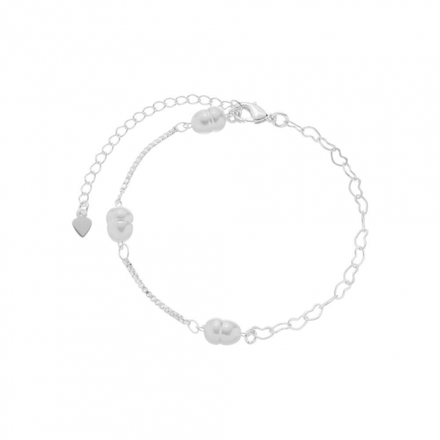 PULSEIRA MEIO ELOS DE CORAÇÃO MEIO PÉROLA BARROCA - BANHADO A RÓDIO BRANCO